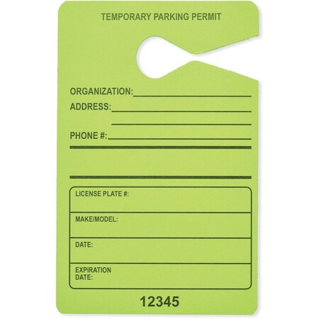 Tatco Parking Permit; Temporary; 3-1/2"Wx5-1/2"H; 50/PK; FLGN